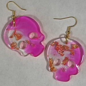 Resin Halloween Skull Pink with Gold Flake Earrings Hand Crafted